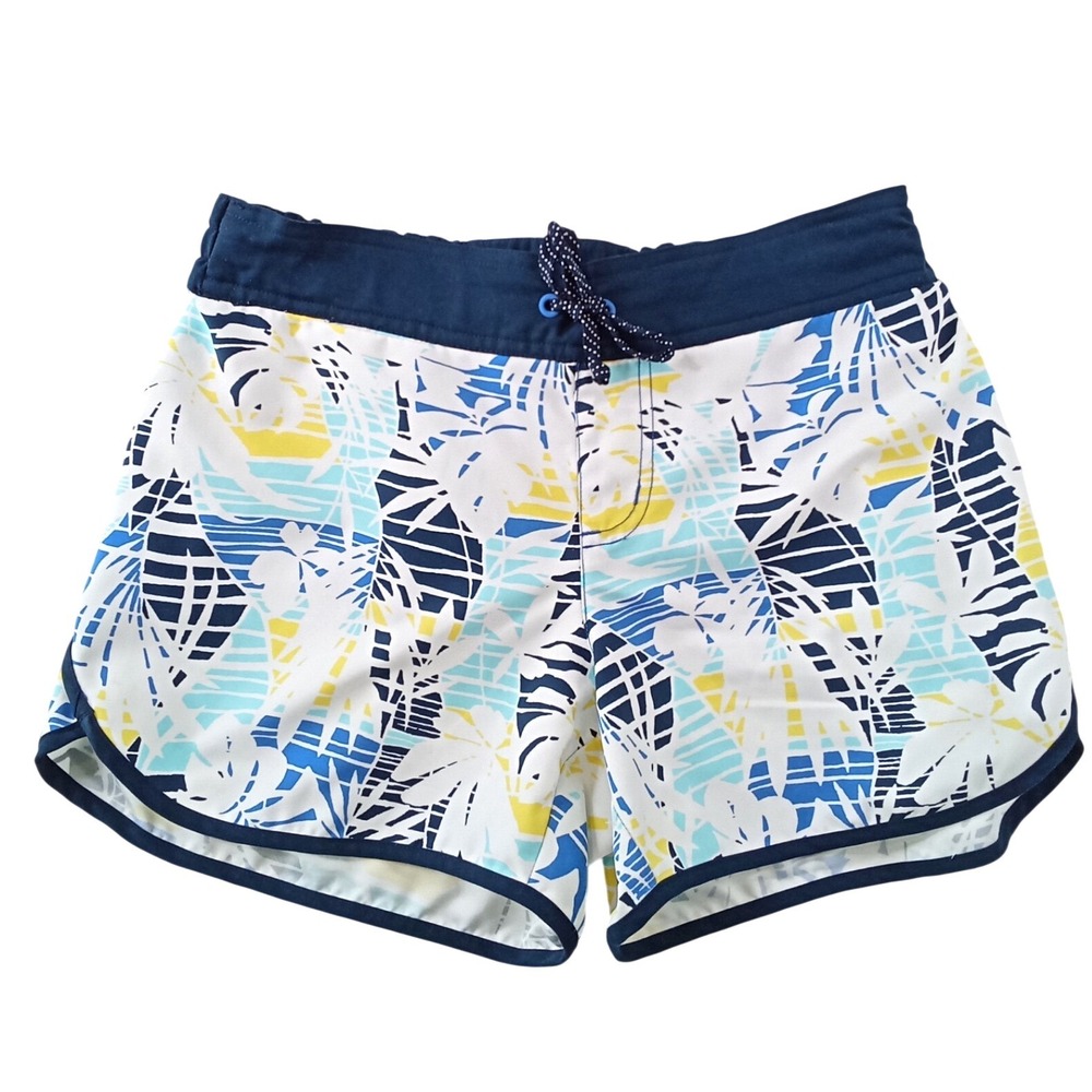 Columbia PFG Womens Tropical Leaf Board Shorts Blue White Yellow Size Small